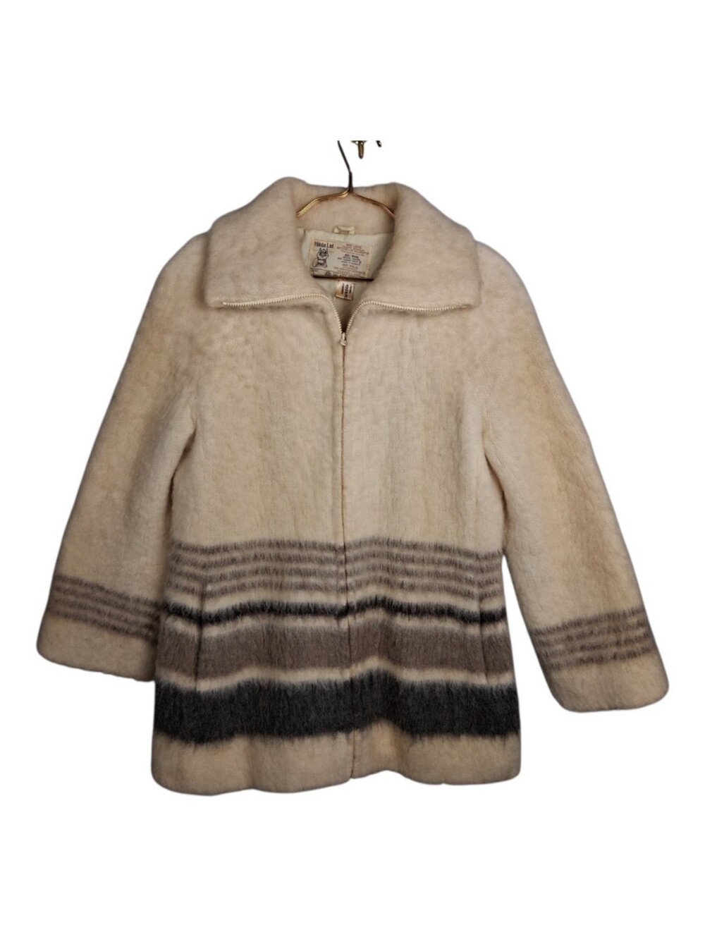 VTG Hilda Ltd Icelandic Wool Coat Jacket Womens Large L Cream Brown Stripe Zip